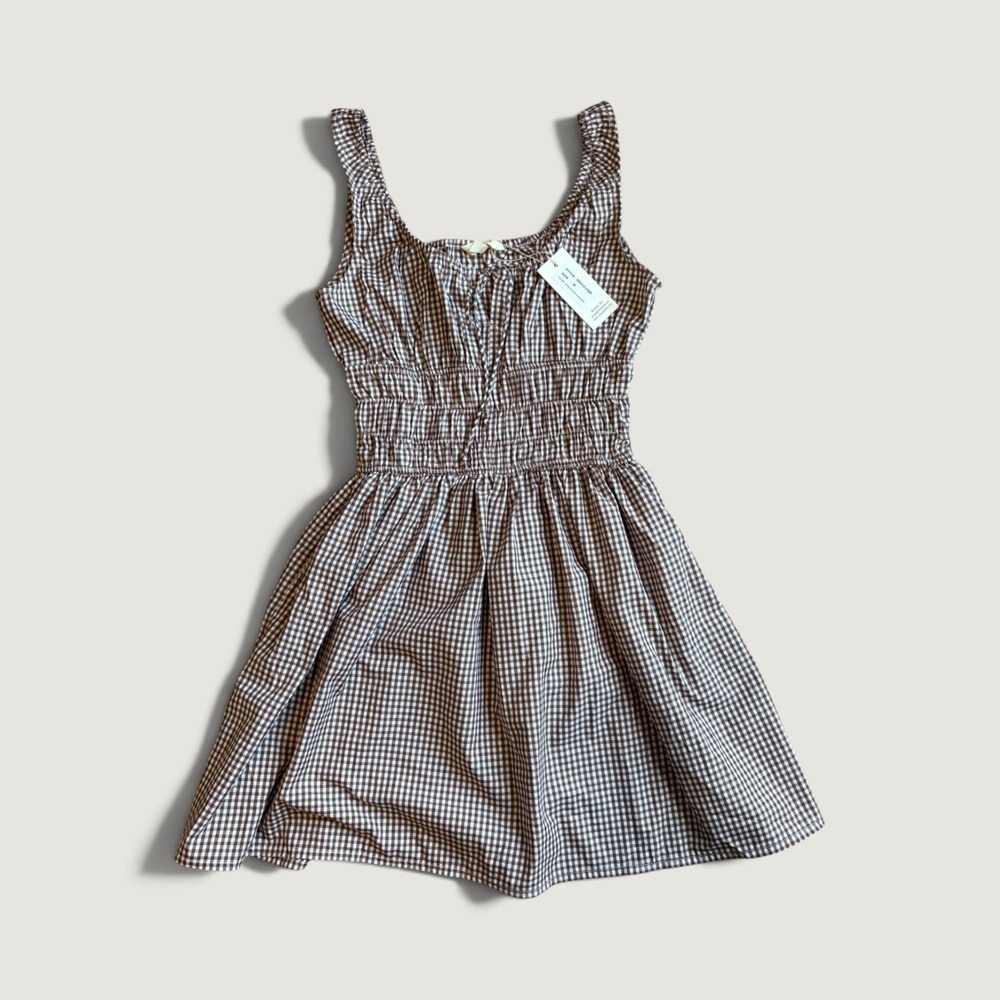 NWT Cottagecore M Milkmaid Gingham Smocked Mini Dress Brown White Plaid